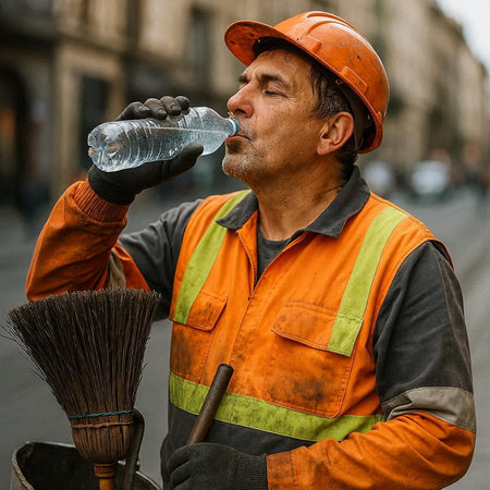 construction worker drinking water from a plastic bottle while cleaning the street