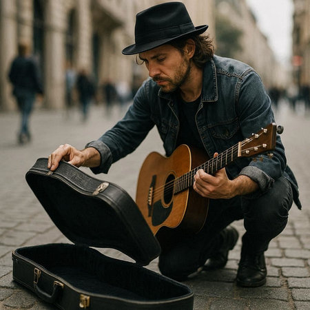 Street musician playing guitar in the city. Portrait of a street musician.