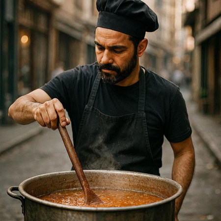 Handsome bearded man in chef hat and black t-shirt is preparing a delicious soup on the street.