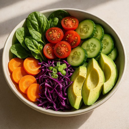 Vegetable salad with avocado, tomato, cucumber and spinach in bowl