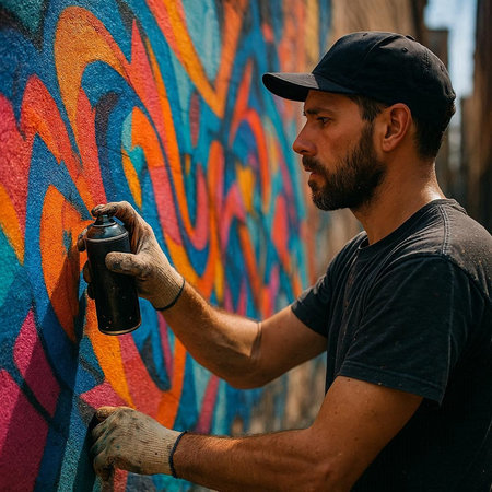 Graffiti artist spraying aerosol paint on a wall in the city.