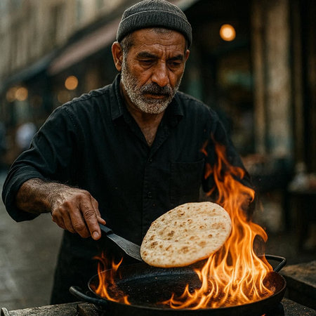 Street vendor cooking a traditional turkish pide on the street.