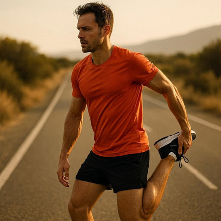 Running man jogging on rural road at sunset. Fitness model caucasian ethnicity training outdoor.