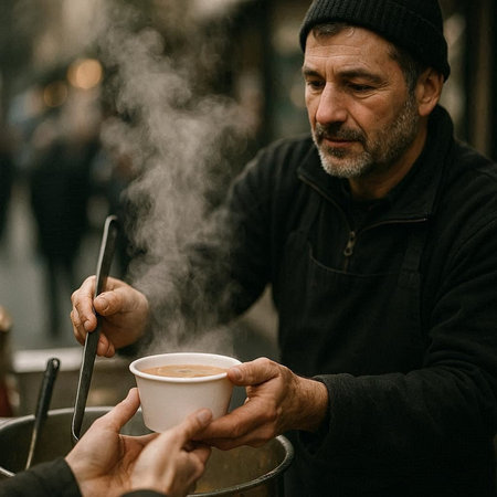 Handsome middle-aged man with a beard and mustache in a black sweater and hat is having a cup of...