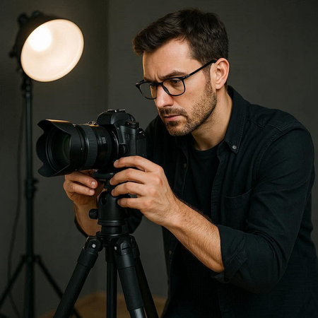Professional photographer with professional camera on tripod in dark room. Young man in eyeglasses...