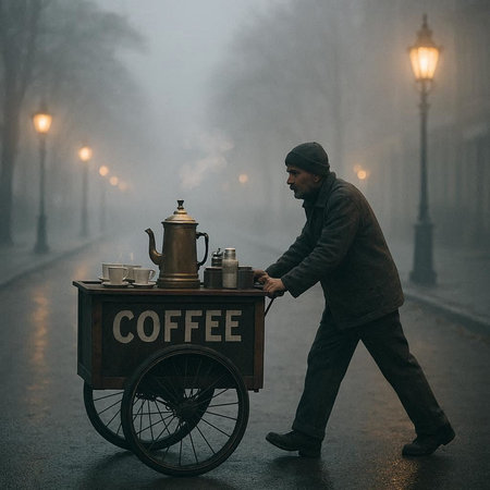 Coffee seller on the street in the foggy morning.