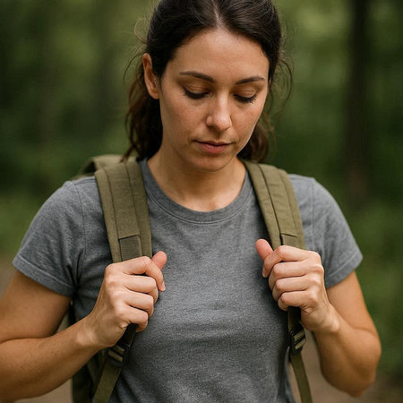 Portrait of a young woman with a backpack in the forest.
