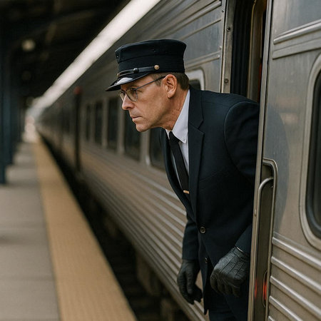 A man in a suit and a cap stands at the train station.
