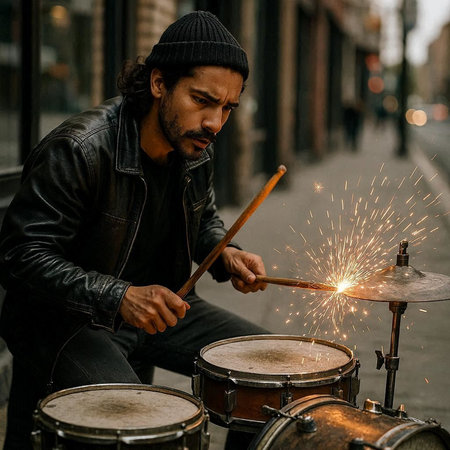 Drummer playing drums on the street. Man in a leather jacket and hat.