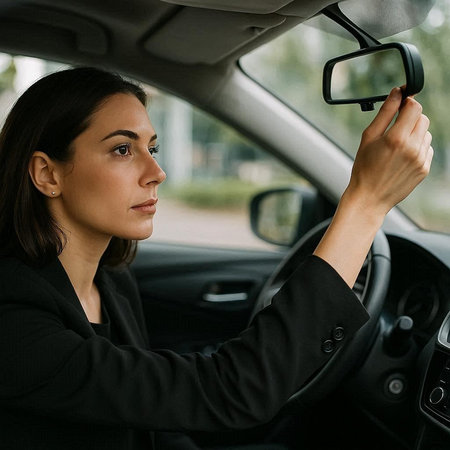 Portrait of a young businesswoman driving a car, looking away.
