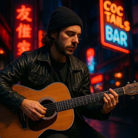 Young man playing guitar at night in New York, wearing a hat and leather jacket.