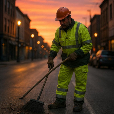 Worker cleans the street with a broom at sunset in the city