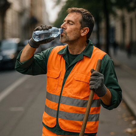 Mature man drinking water from a plastic bottle while cleaning the street