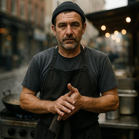 Portrait of an old man in a black t-shirt and a cap on a city street.