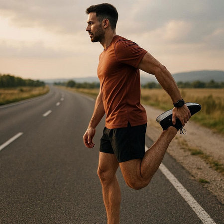 Young man in sportswear running on a road in the countryside.