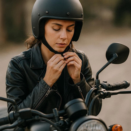 Biker girl in a leather jacket and helmet on a motorcycle.