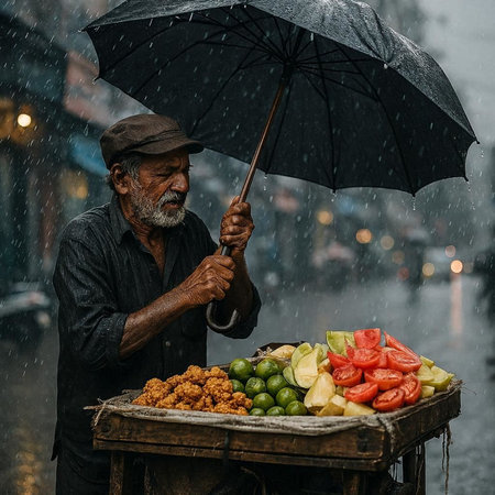 Old man selling fruits and vegetables on the street in the rain.