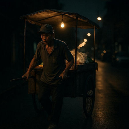 Thai street vendor with a cart at night in Bangkok, Thailand