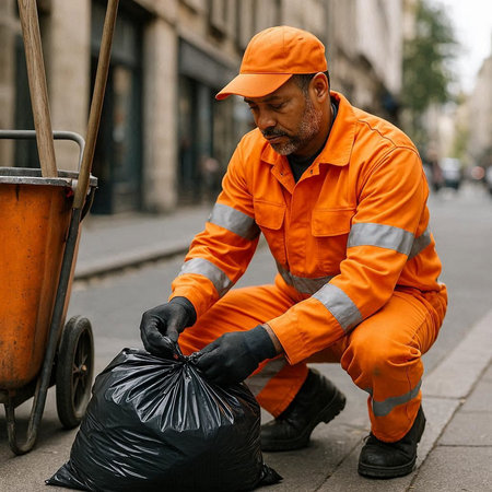 Portrait of an African-American man in an orange uniform cleaning the street.