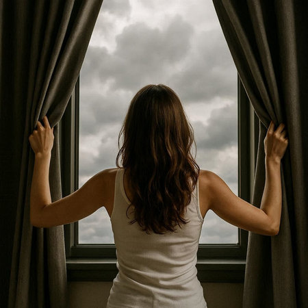 Young woman opening curtains and looking out the window in the rainy day