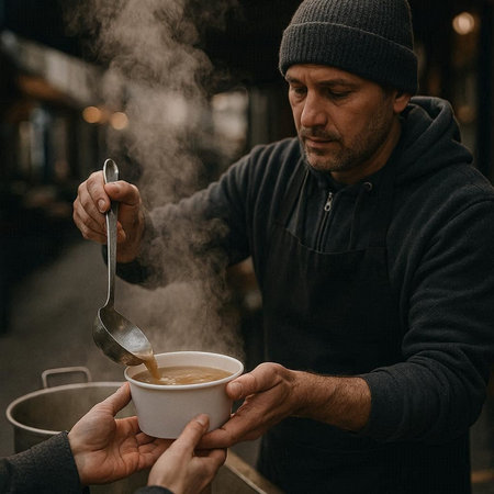 Handsome bearded man in a cap and black sweatshirt is holding a cup of hot coffee.