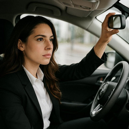 Portrait of a young businesswoman using a smartwatch while driving a car