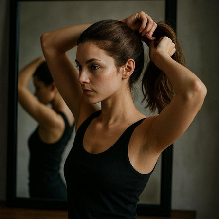 Portrait of young beautiful woman in black sportswear looking at mirror.