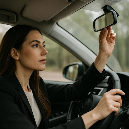 Young businesswoman driving a car and looking at the rear view mirror