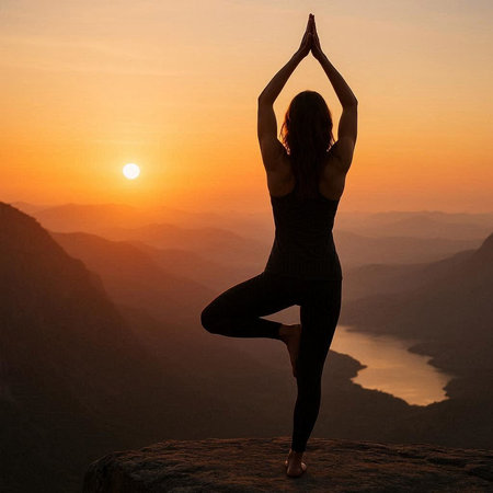 Silhouette of young woman practicing yoga on top of the mountain during sunrise