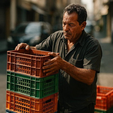 Portrait of an elderly man in a black t-shirt with a basket on the street