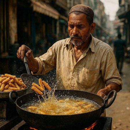 Indian man cooking corn cobs at the street market in India.