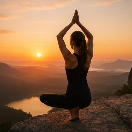 yoga woman meditating on the top of the mountain at sunrise