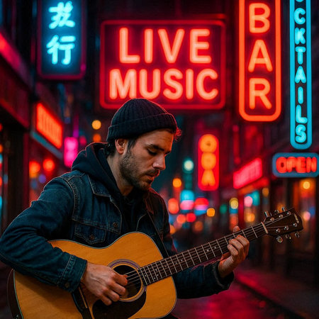 Street musician playing the guitar in New York City, USA. Nightlife.