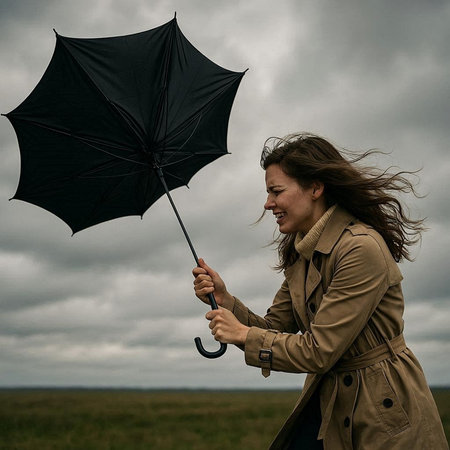 Young woman in raincoat holding black umbrella on stormy sky background