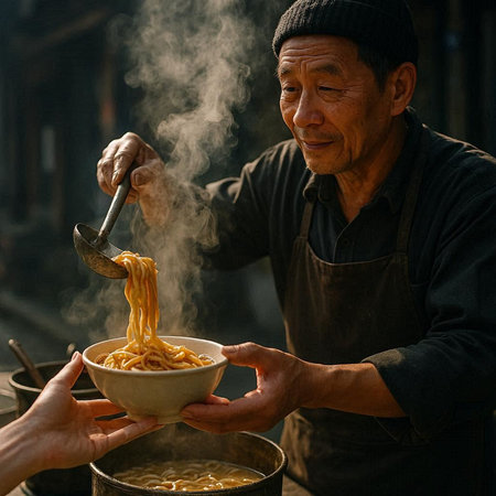 Asian senior man cooking spaghetti in the street food market in Beijing, China