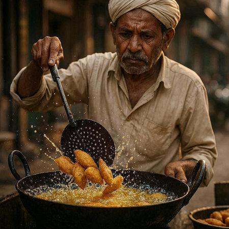 Indian man cooking deep fried dumplings in the street.