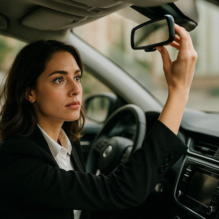 beautiful businesswoman in black suit driving car and looking at camera