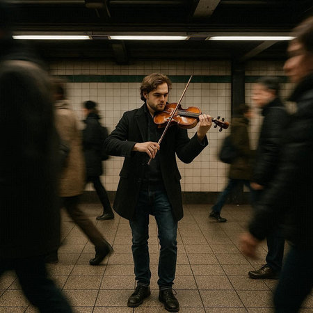 Young man playing the violin in a subway station. Blurred motion.