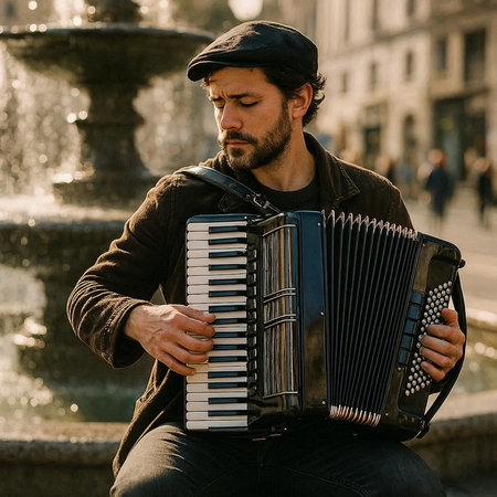 Handsome man with accordion in the city. Street musician.