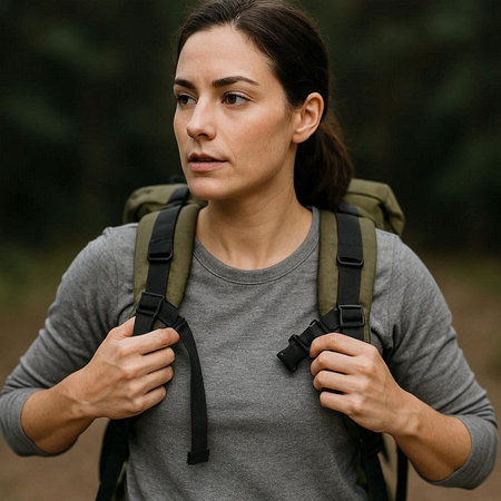 Portrait of a young woman with backpack standing in the woods.