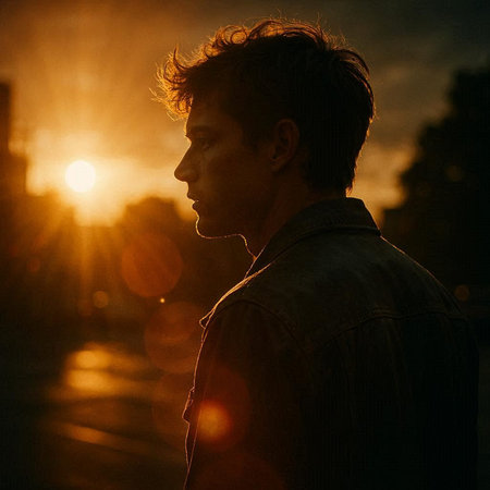 portrait of a young man in the city at sunset, looking into the distance