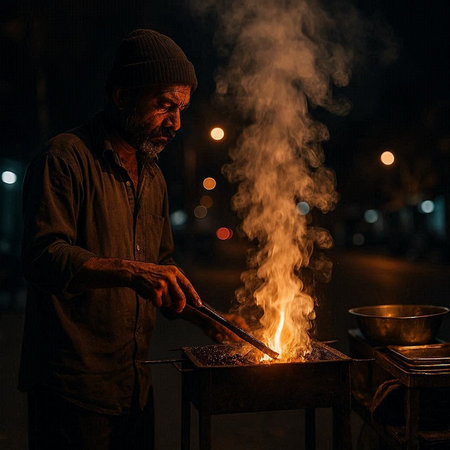 Portrait of an old man cooking food in the street at night
