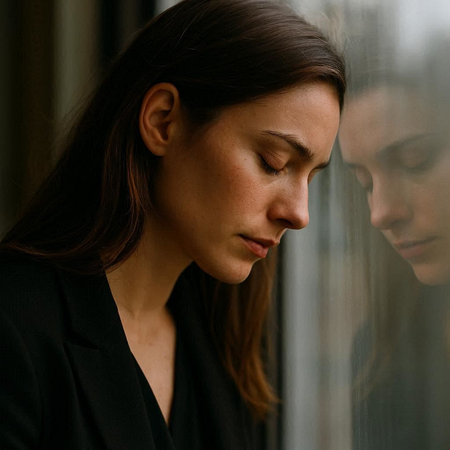 Portrait of a young woman in a black suit looking out the window