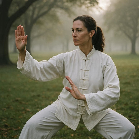 Woman practicing thai chi in a park in the early morning.