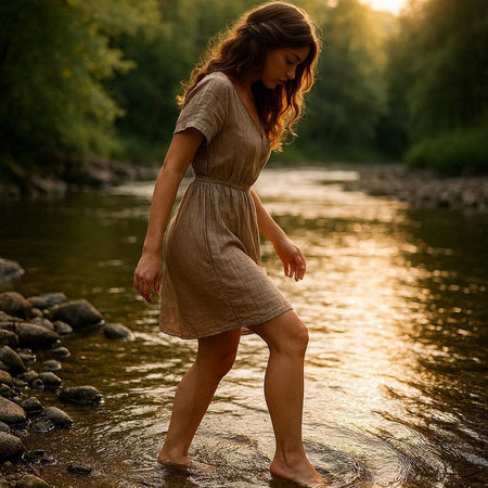 Beautiful young woman in a dress standing on the bank of a mountain riverの写真素材