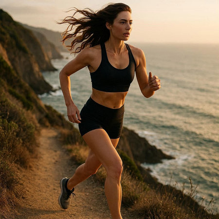 Athletic young woman running on a mountain trail at sunset