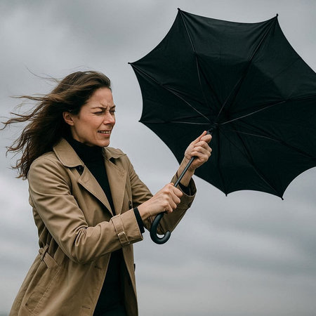 Young woman in trench coat holding black umbrella. Rainy day.