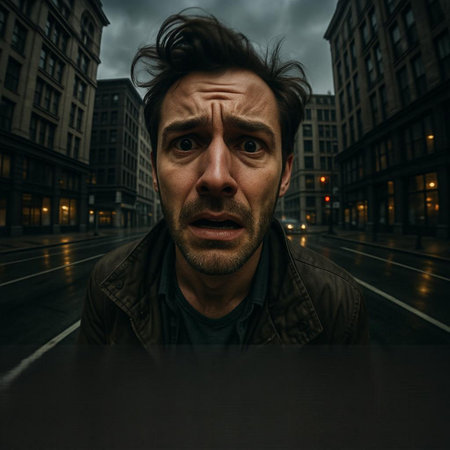 Portrait of a scared man in the city at night. The concept of fear.