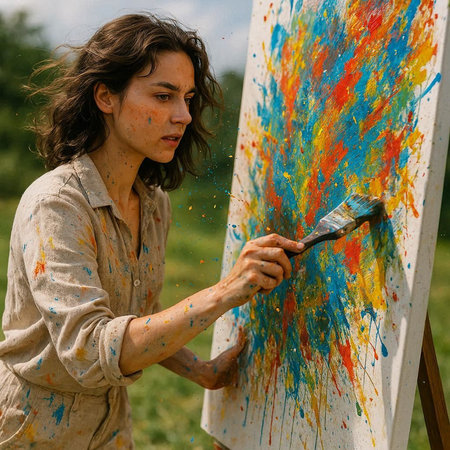 Young woman artist painting on canvas outdoors. Female artist with paintbrush in hand.