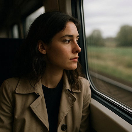 Portrait of a beautiful girl in a brown coat in a train